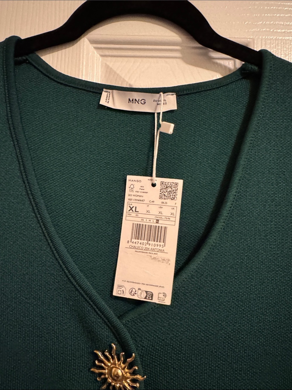 Mango Deep Teal V-Neck Button Front Sleeveless Top - Size XL New With Tags - Picture 3 of 5
